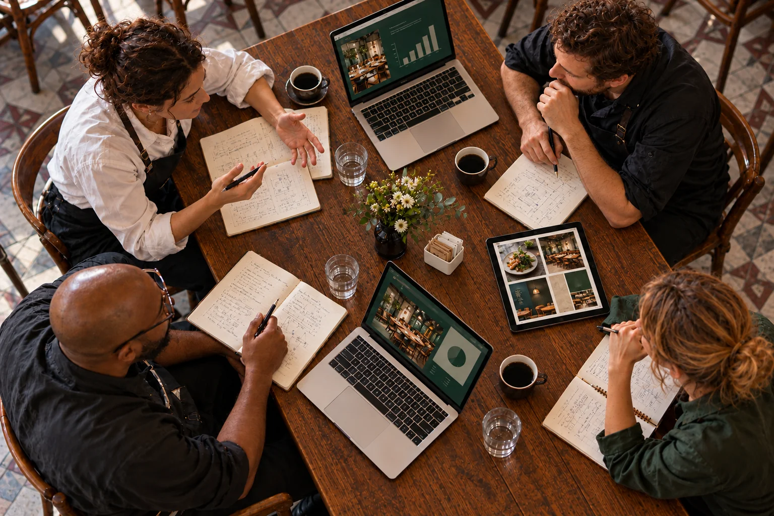 Four hospitality professionals reviewing restaurant operations and guest experience around a meeting table.