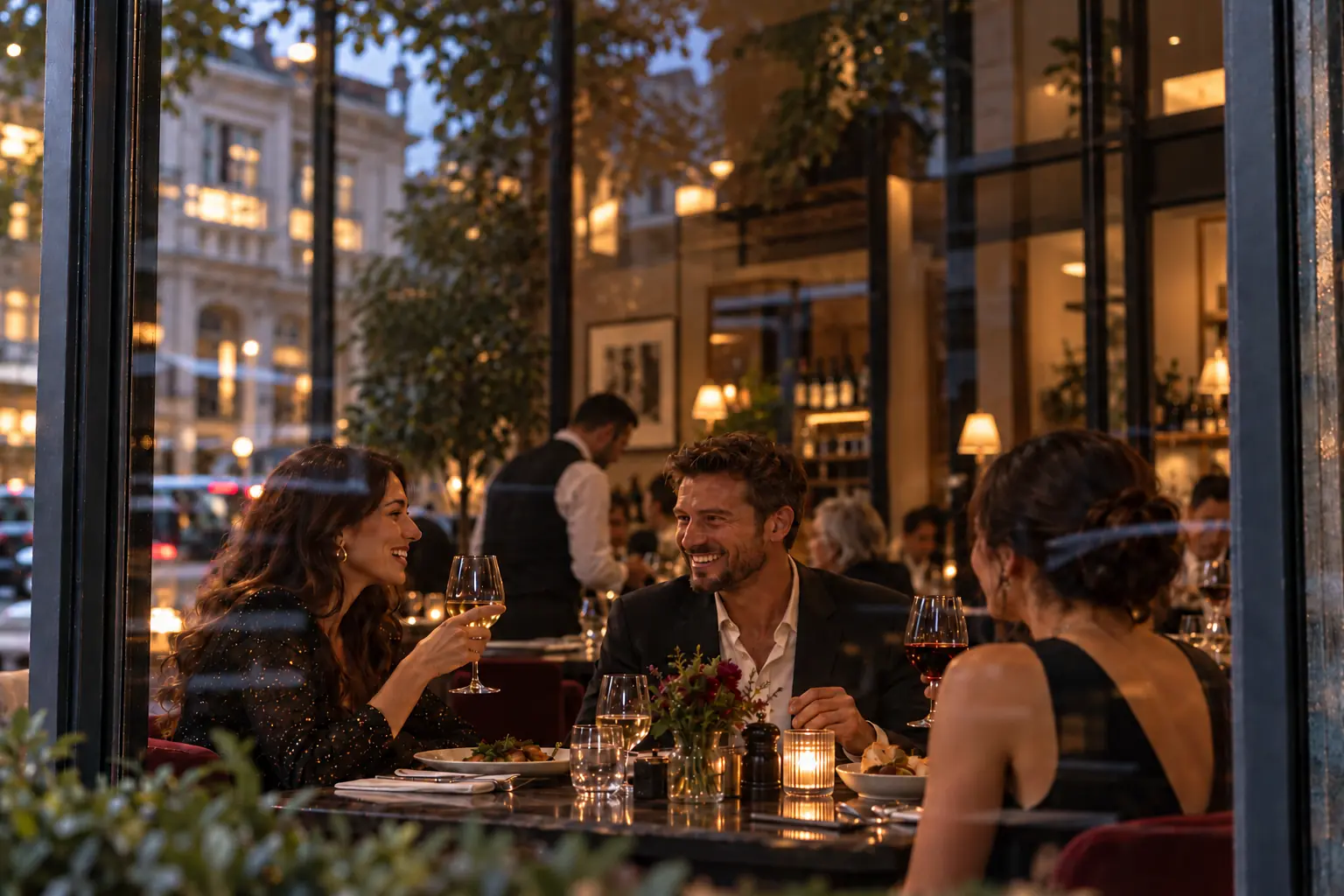 Guests dining in a warmly lit restaurant viewed through its front window